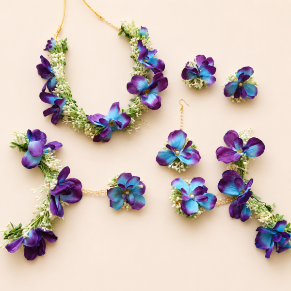 Purple Blue Orchid Bridal Floral Jewellery Set