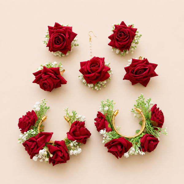 Red Rose Floral Bangles Earring & Maang Tikka Set
