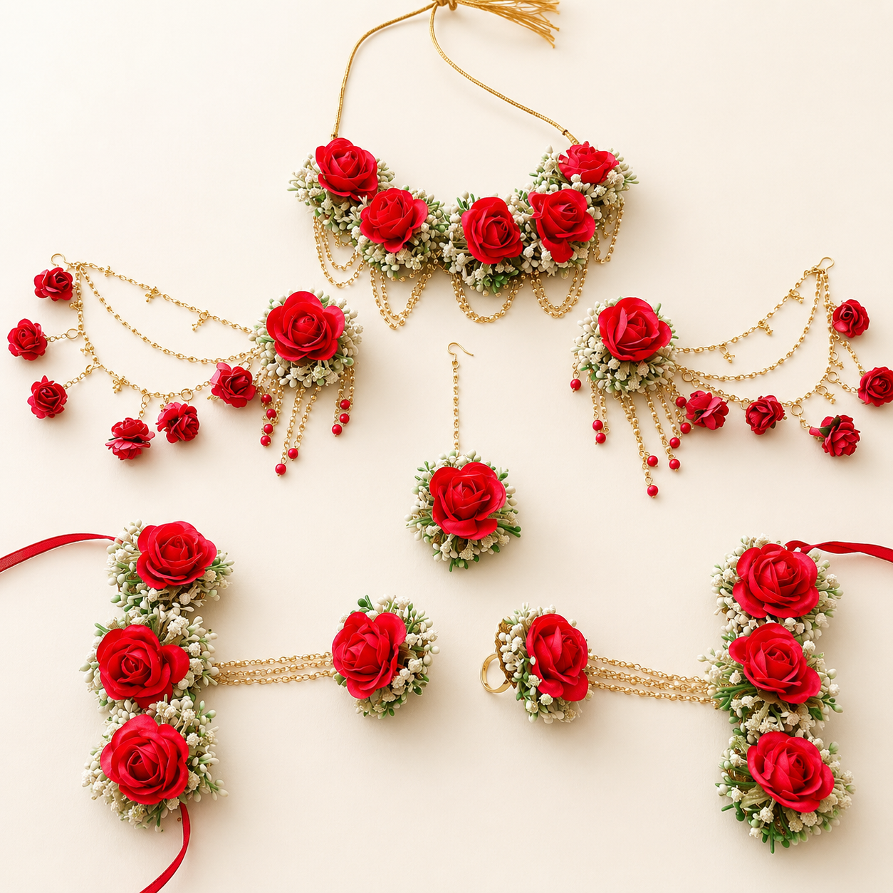 Red Rose Bridal Floral Jewellery Set