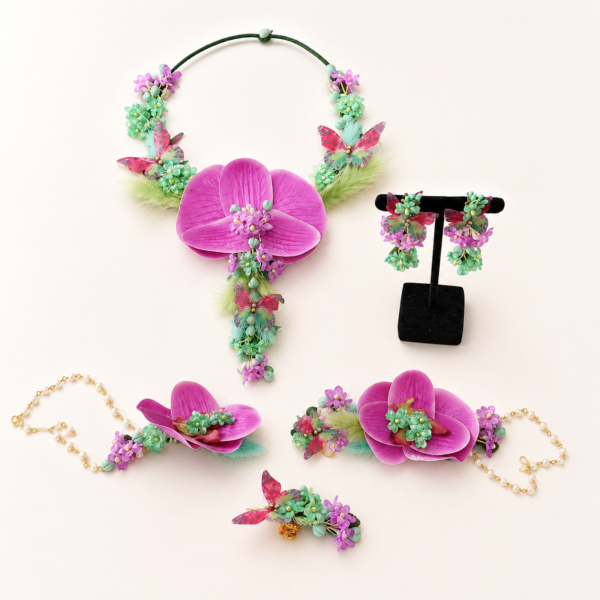 Pink Orchid Butterfly Floral Jewellery Set