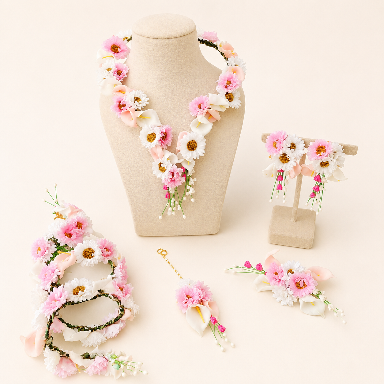 Pink Daisy Floral Bridal Jewellery Set