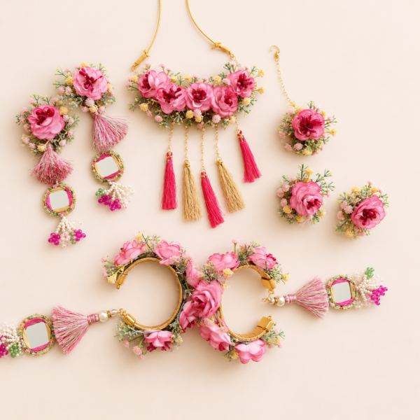 Pink Tassel Floral Bridal Jewellery Set