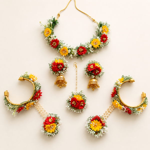 Red Yellow Floral Haldi Mehndi Jewellery Set