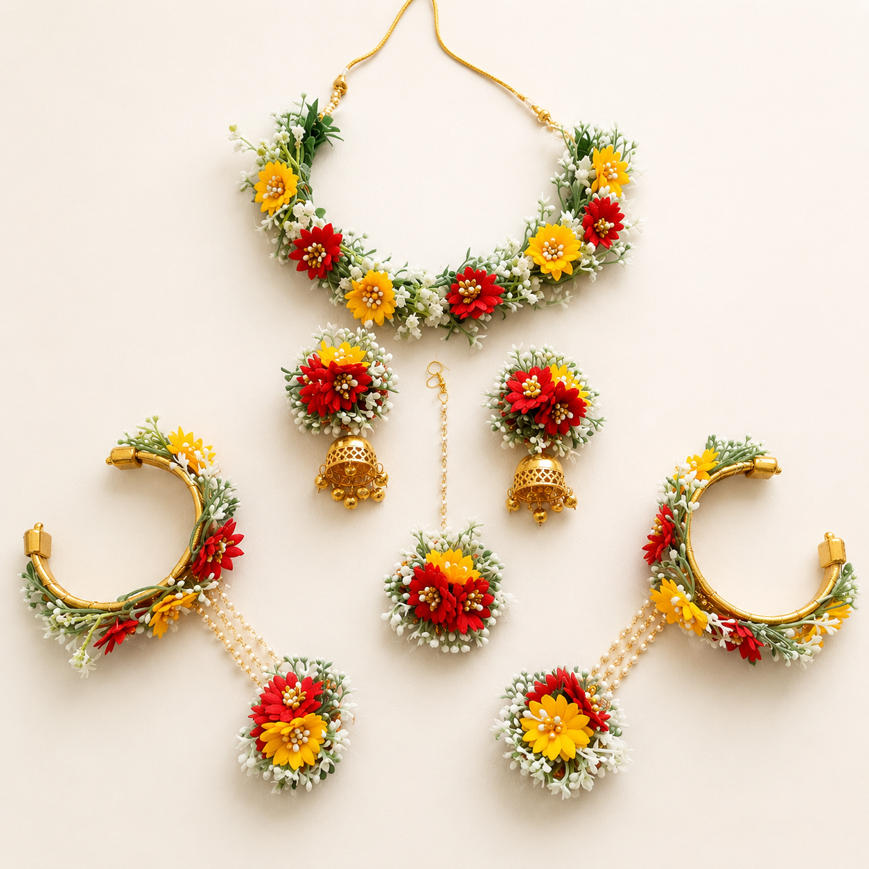 Red Yellow Floral Haldi Mehndi Jewellery Set