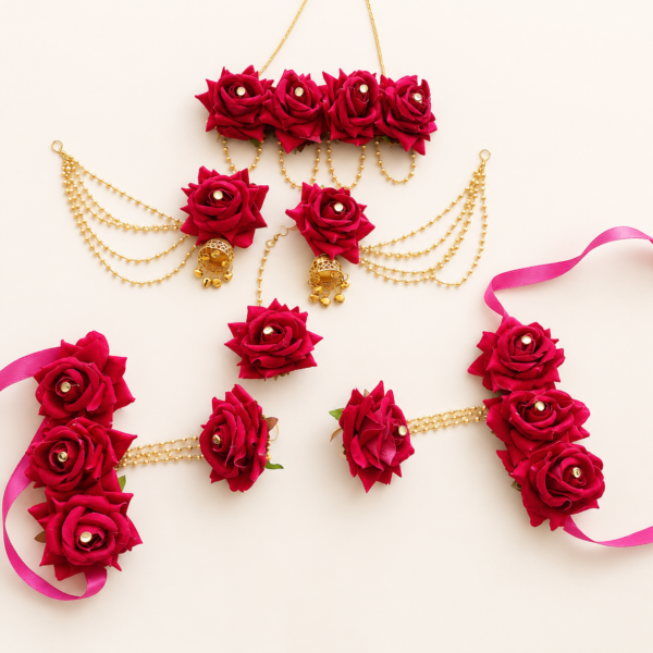 Ruby Red Rose Bridal Floral Jewellery Set