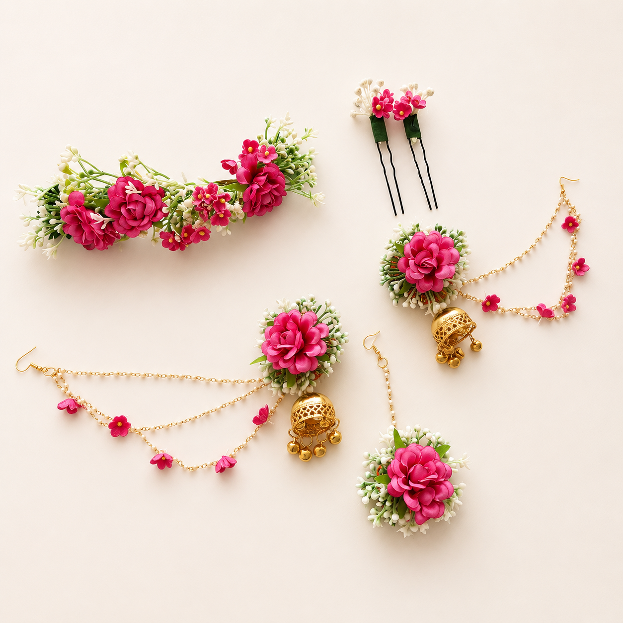 Rani Pink Floral Jhumka Jewellery Set