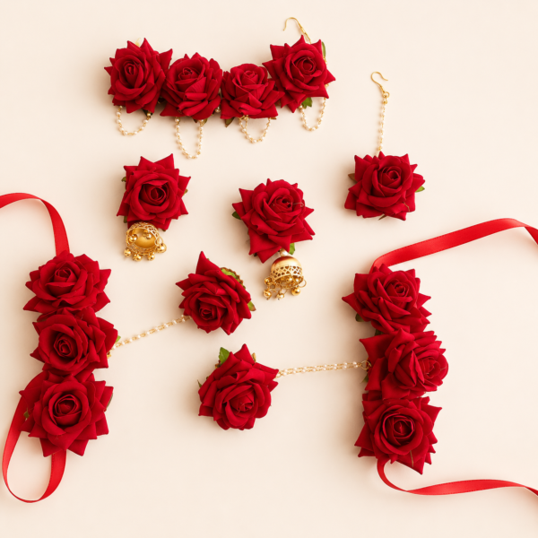Ruby Red Rose Bridal Floral Jewellery Set