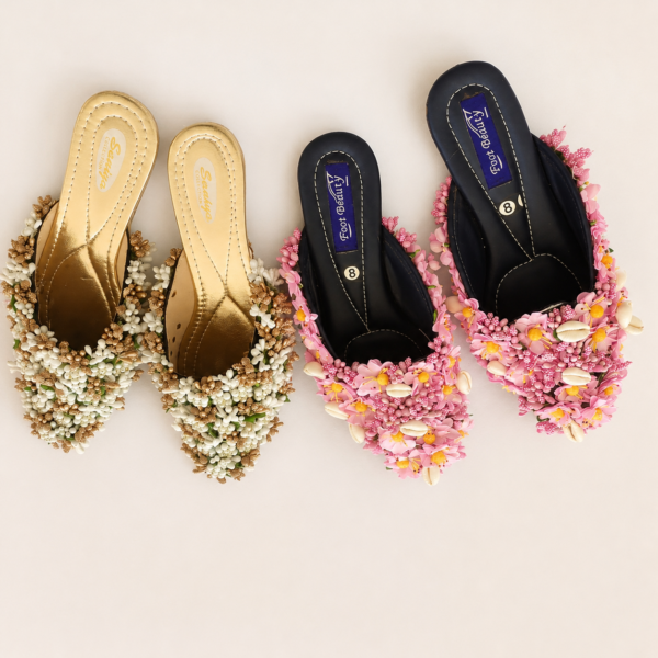 Pink Floral Shell And ivory Embellished Mules