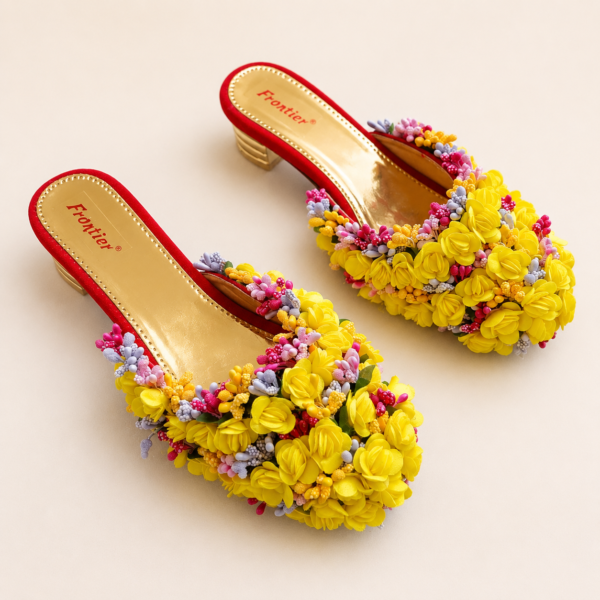 Yellow Floral Block Heel Mules