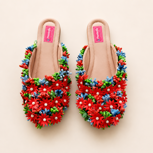 Red Blue Floral Pearl Embellished Mules