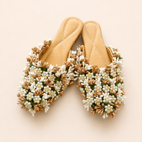 White Pearl Gold Floral Mules