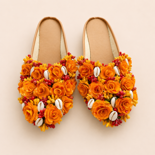 Orange Floral Shell Embellished Juttis