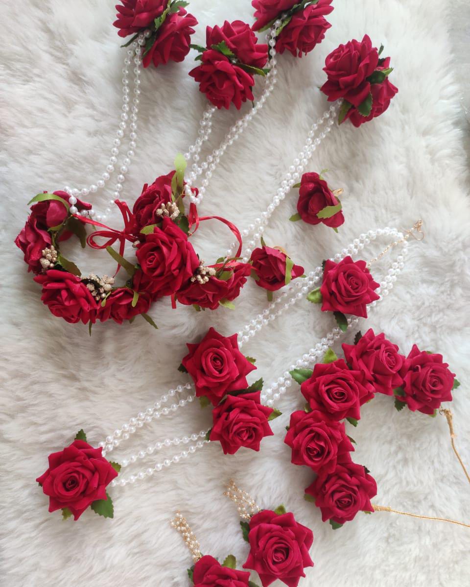 Royal Red Rose Pearl Floral Jewellery Set