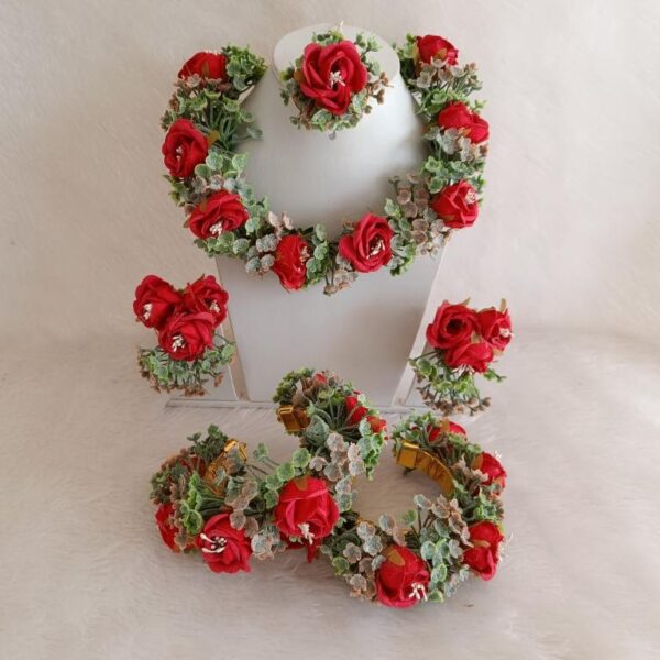 Red Rose Green Floral Jewellery Set