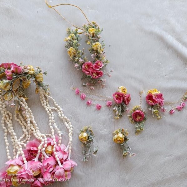 Pink Yellow Floral Pearl Bridal Set