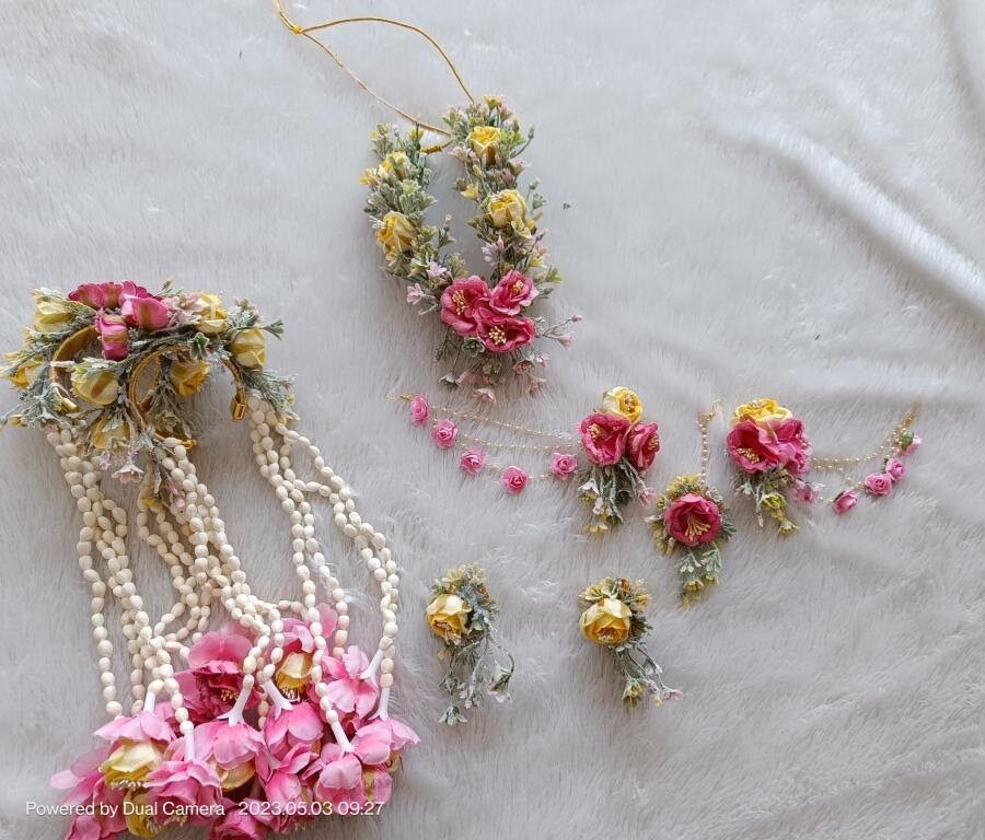 Pink Yellow Floral Pearl Bridal Set