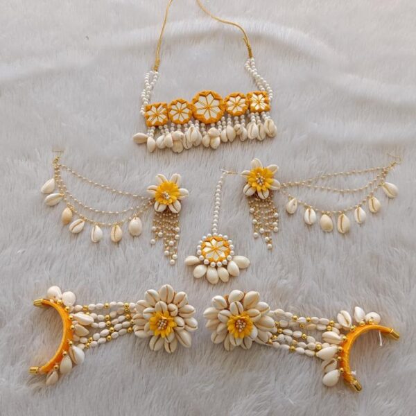 Mustard Yellow Floral Cowrie Bridal Set