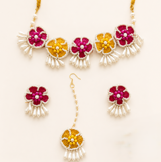Pink Yellow Floral Pearl Jewellery Set