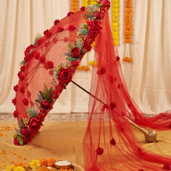 Royal Red Rose Bridal Umbrella with Veil
