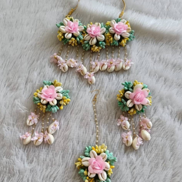 Pink Floral & Cowrie Shell Bridal Jewelry Set