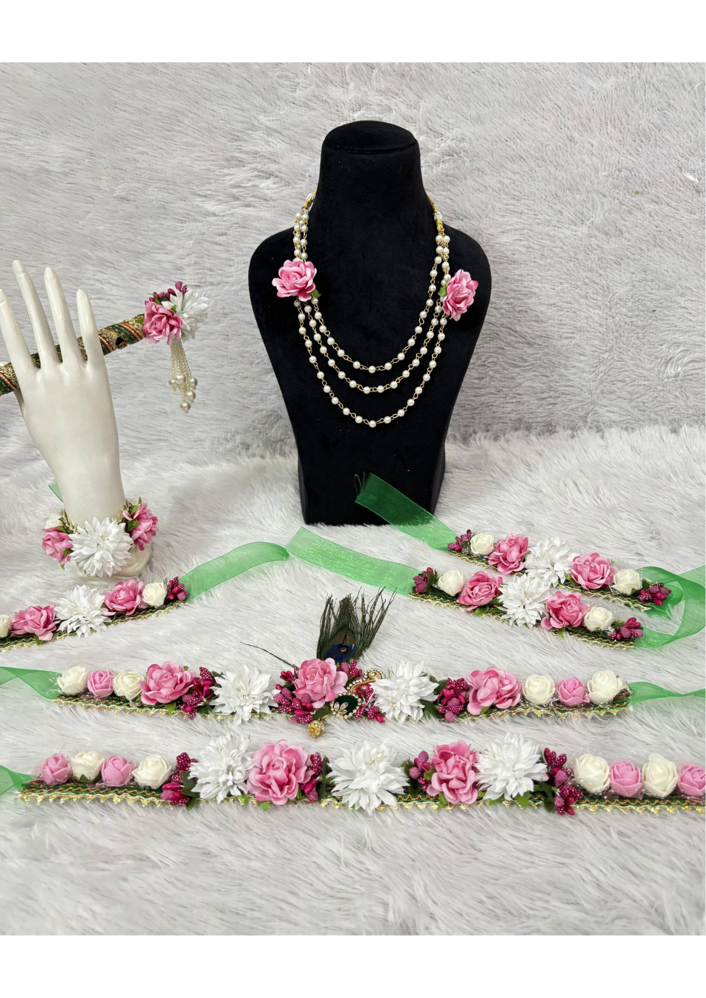 Elegant Pink & White Kanha Janmashtami Floral Shringar Jewelry Set