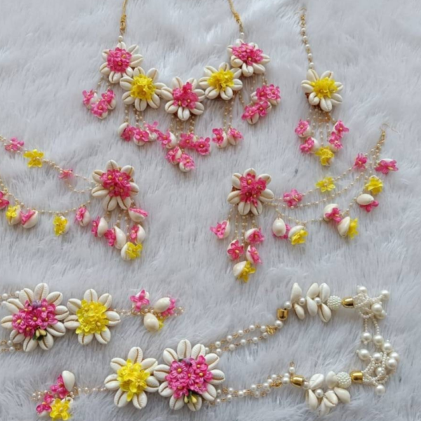 Pink & Yellow Floral Cowrie Shell Bridal Jewelry Set