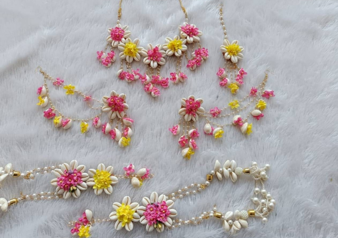 Pink & Yellow Floral Cowrie Shell Bridal Jewelry Set