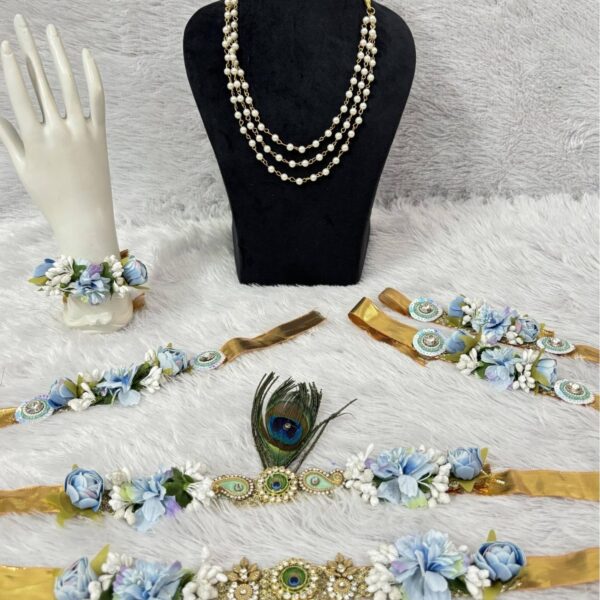 Sky Blue & Gold Floral Kanha Jewellery Set with Pearl Necklace