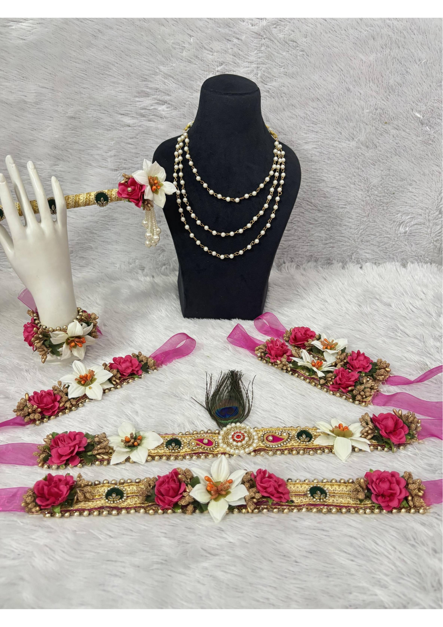Royal Pink & White Kanha Janmashtami Floral Shringar Jewelry Set