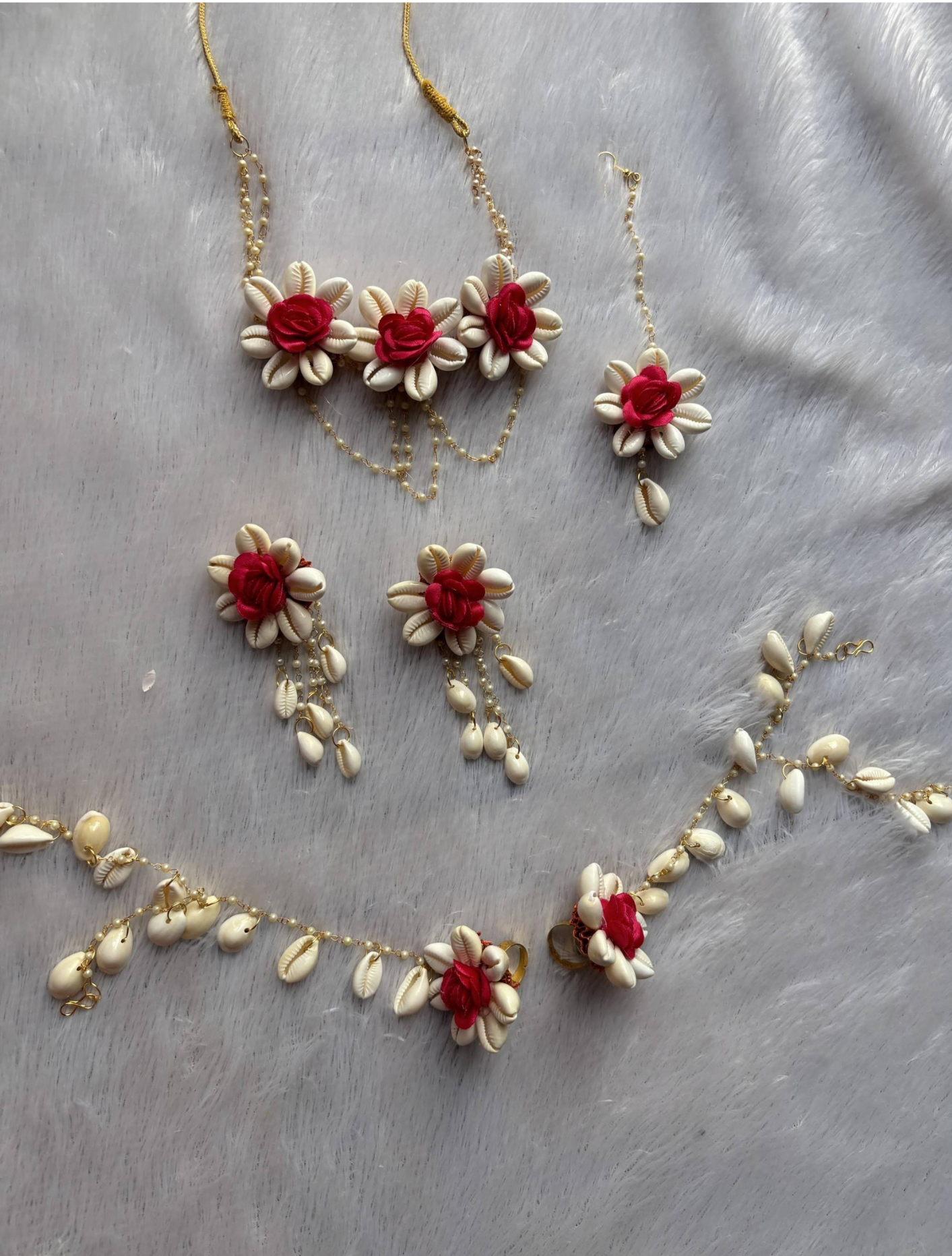 Red Rose & Cowrie Shell Bridal Jewelry Set