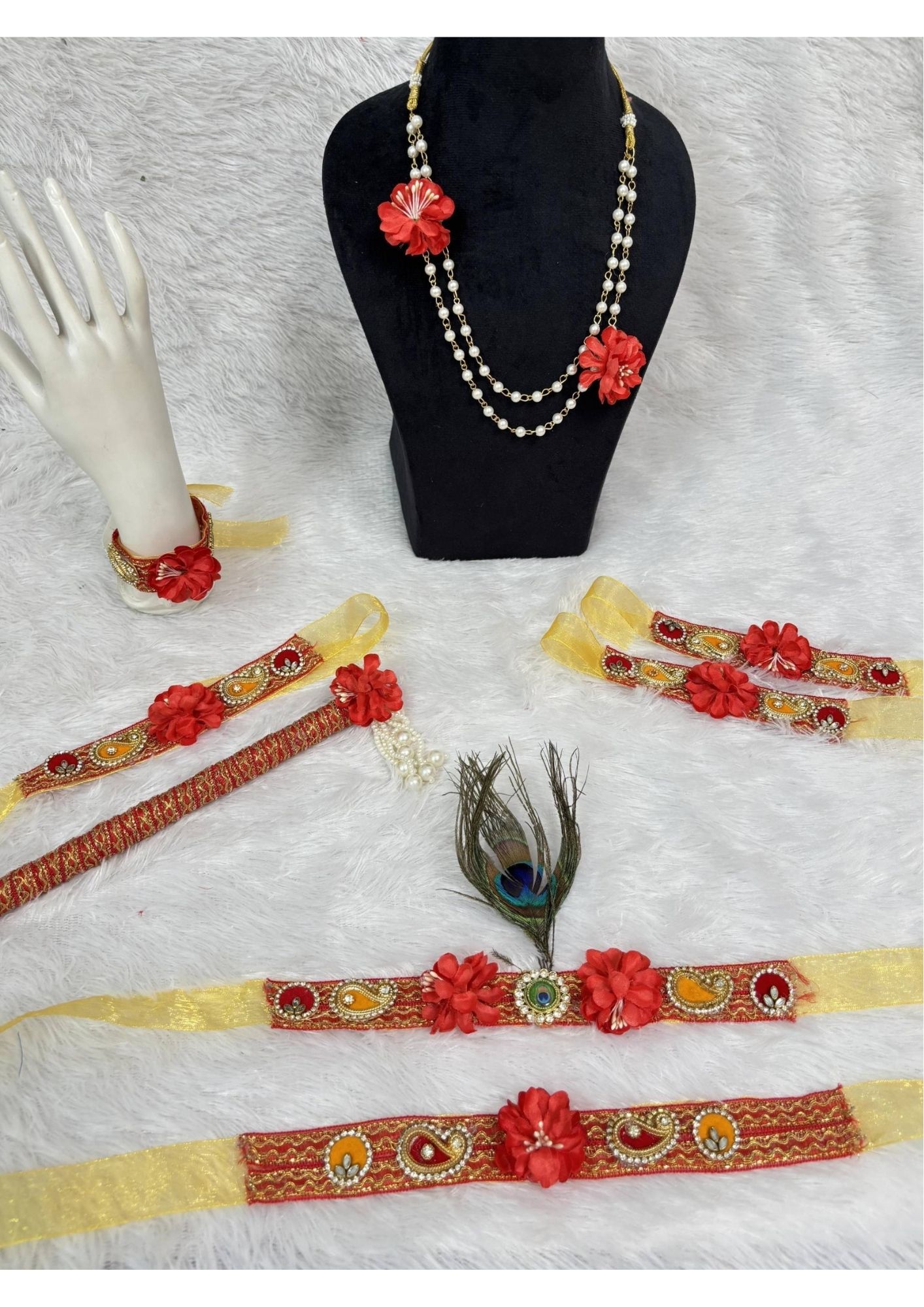Crimson Red Floral Kanha Jewellery Set with Gold Paisley Lace