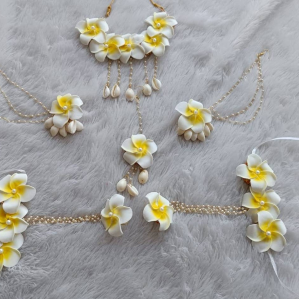 White & Yellow Plumeria Cowrie Shell Bridal Jewelry Set