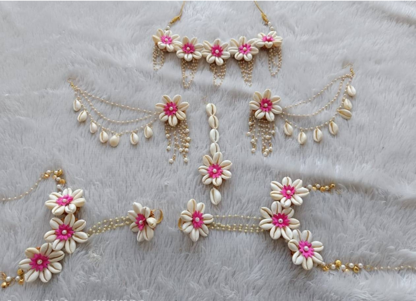 Pink & White Cowrie Shell Bridal Jewelry Set