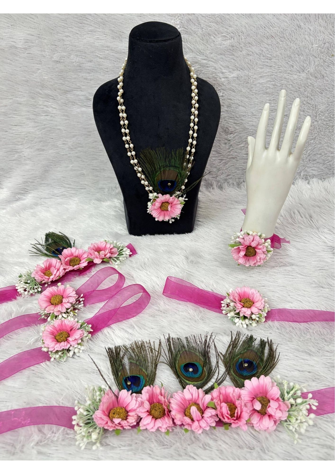 Pink Daisy Floral Kanha Jewellery Set with Peacock Feather Trio