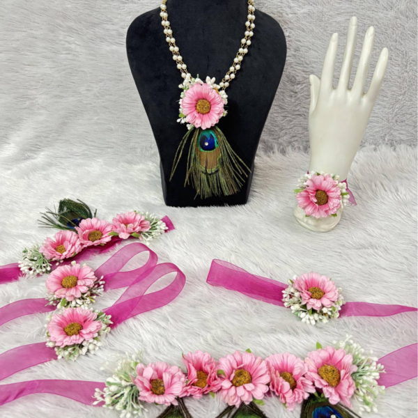 Divine Pink Daisy Kanha Janmashtami Shringar Jewelry Set with Mor Pankh