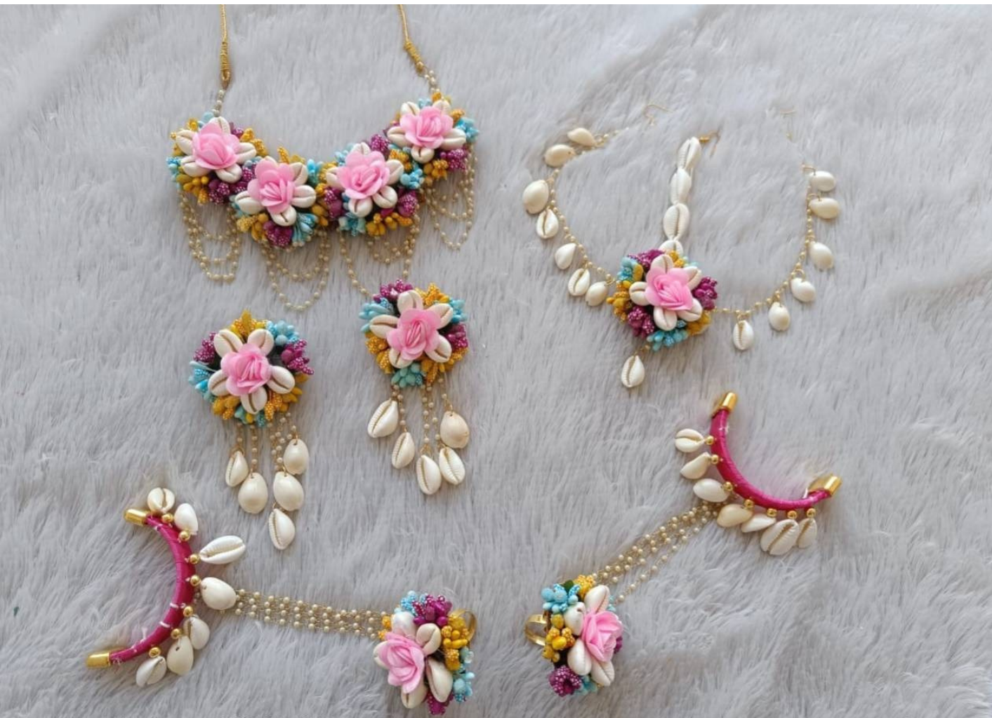 Multicolor Floral & Cowrie Shell Bridal Jewelry Set