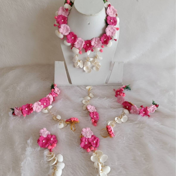 Pink Floral & Cowrie Shell Bridal Jewelry Set