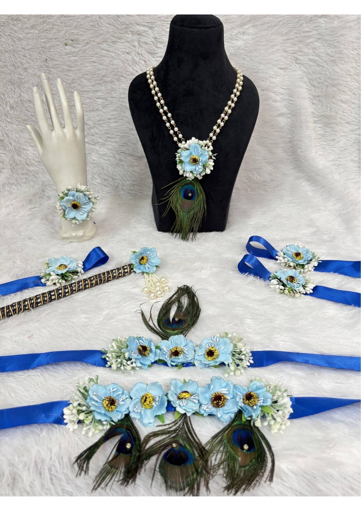 Sky Blue Floral Kanha Jewellery Set with Multi Peacock Feathers