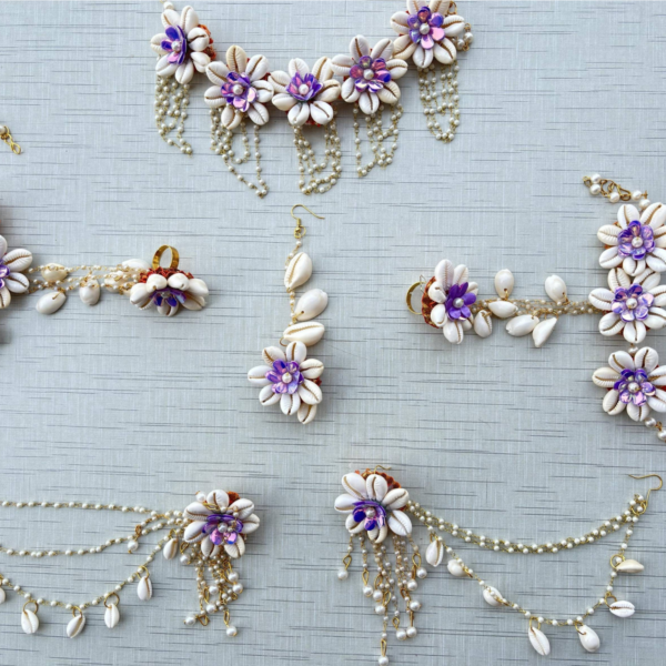 Purple & White Cowrie Shell Bridal Jewelry Set