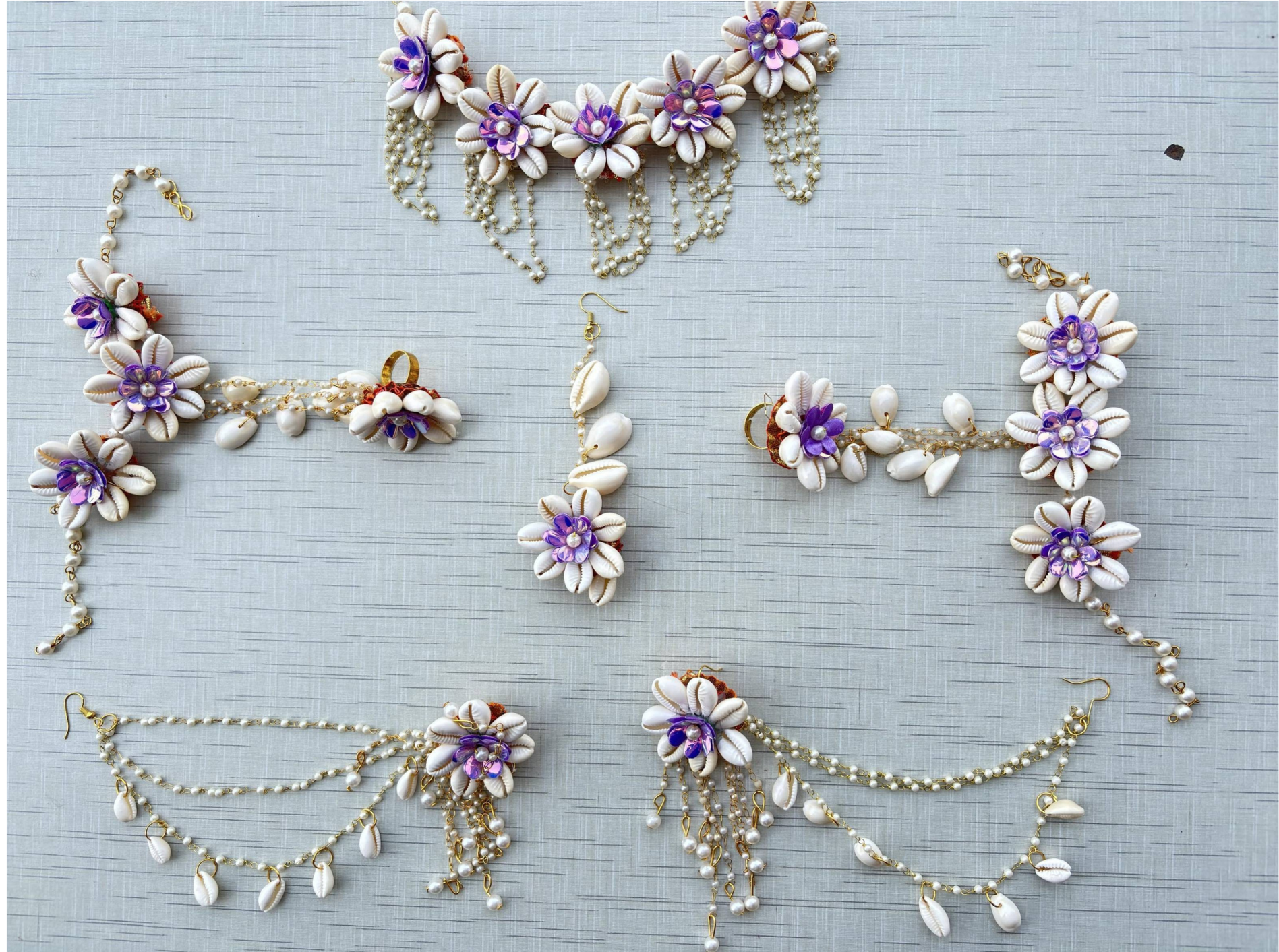 Purple & White Cowrie Shell Bridal Jewelry Set
