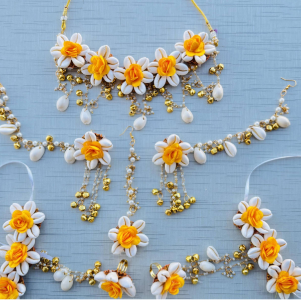 Yellow & White Floral Cowrie Shell Bridal Jewelry Set