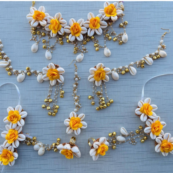 Yellow & White Floral Cowrie Shell Bridal Jewelry Set