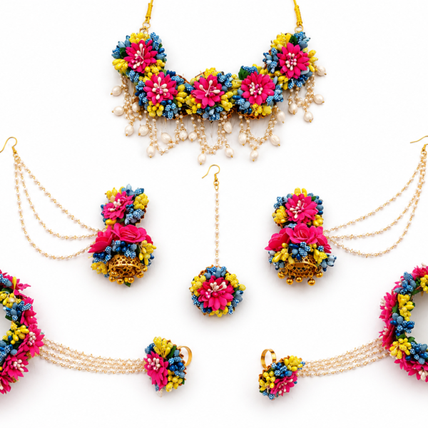 Pink, Blue & Yellow Artificial Floral Jewelry Set