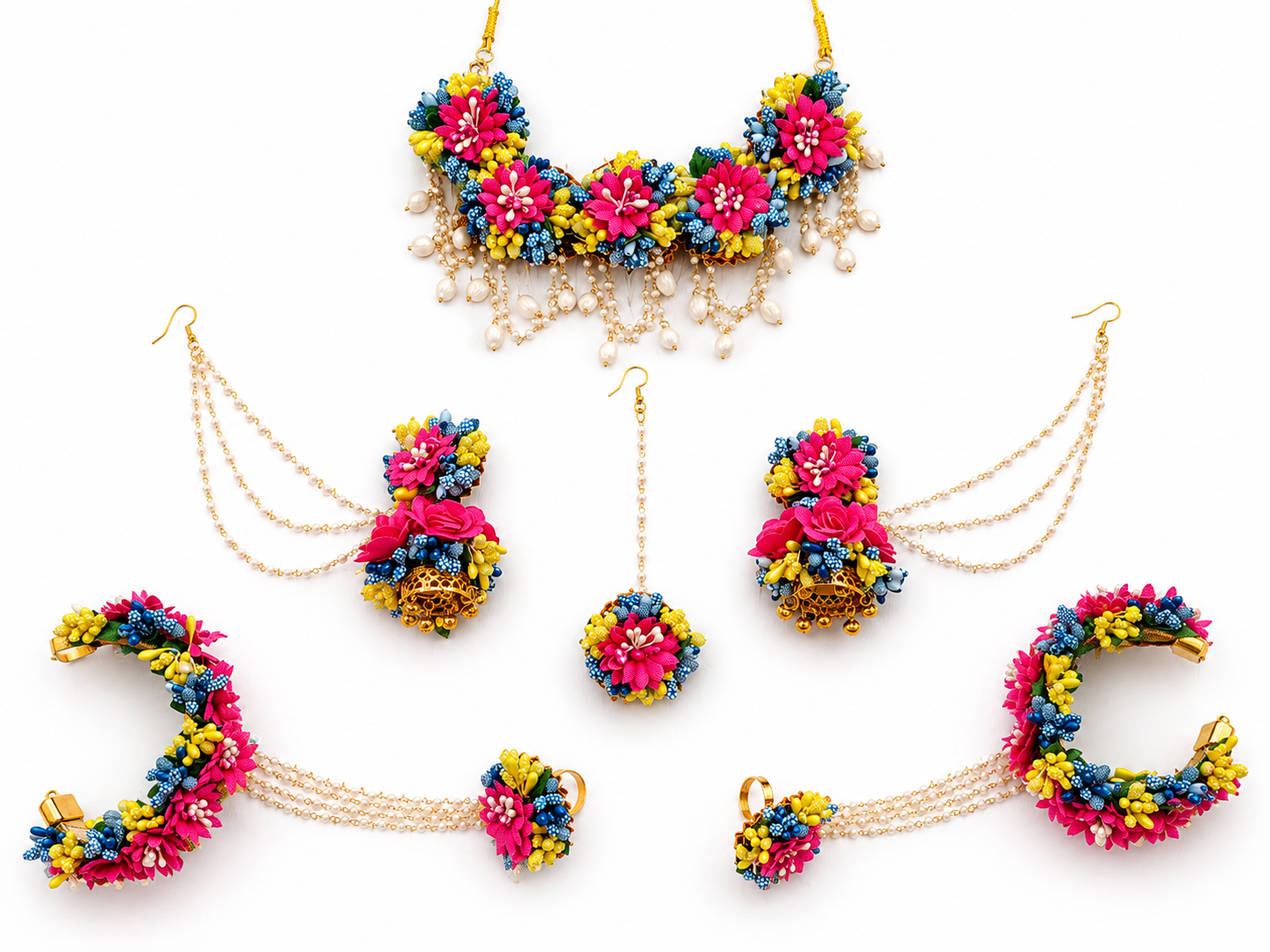 Pink, Blue & Yellow Artificial Floral Jewelry Set