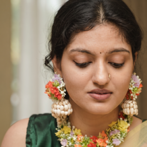Elegant Mogra Bud and Marigold Floral Necklace & Jhumka Set