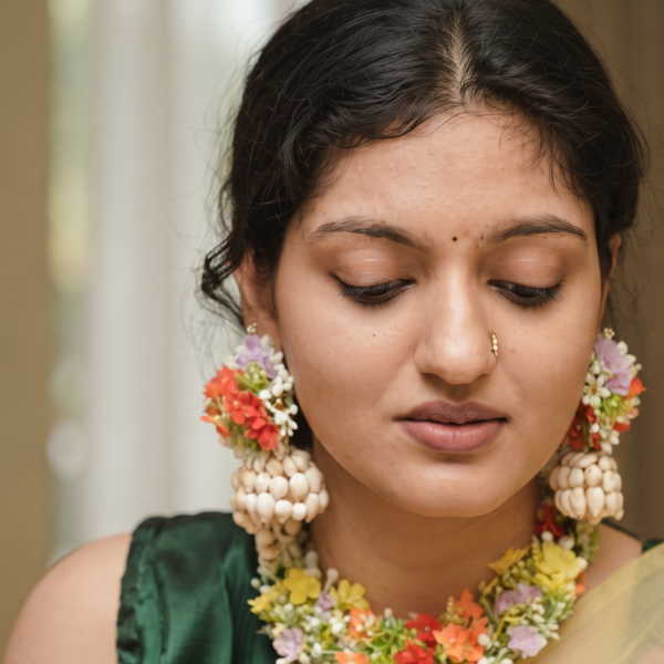 Elegant Mogra Bud and Marigold Floral Necklace & Jhumka Set