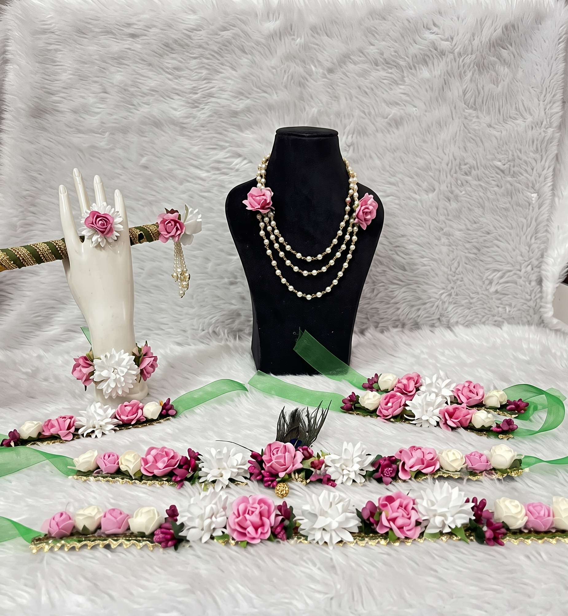Festive Pink & White Rose Floral Kanha Jewellery Set with Green Ribbons