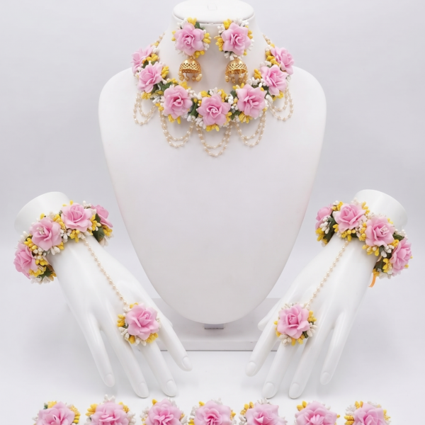 Blush Pink Rose Floral Jewellery Set with Jhumkas