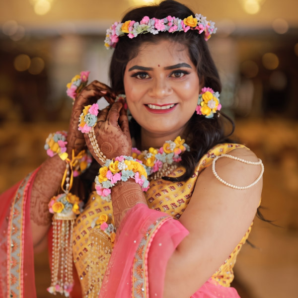 Festive Multi-Hued Floral Crown and Matching Kada Set