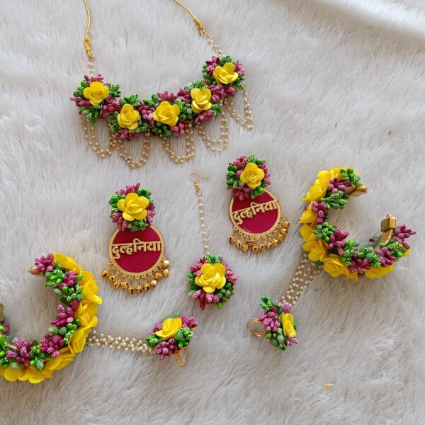 Yellow & Maroon Artificial Floral "Dulhaniya" Jewelry Set